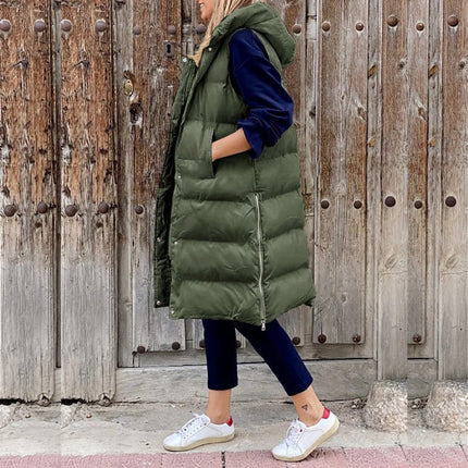 Women's Sleeveless Hooded Long Quilted Puffer Vest