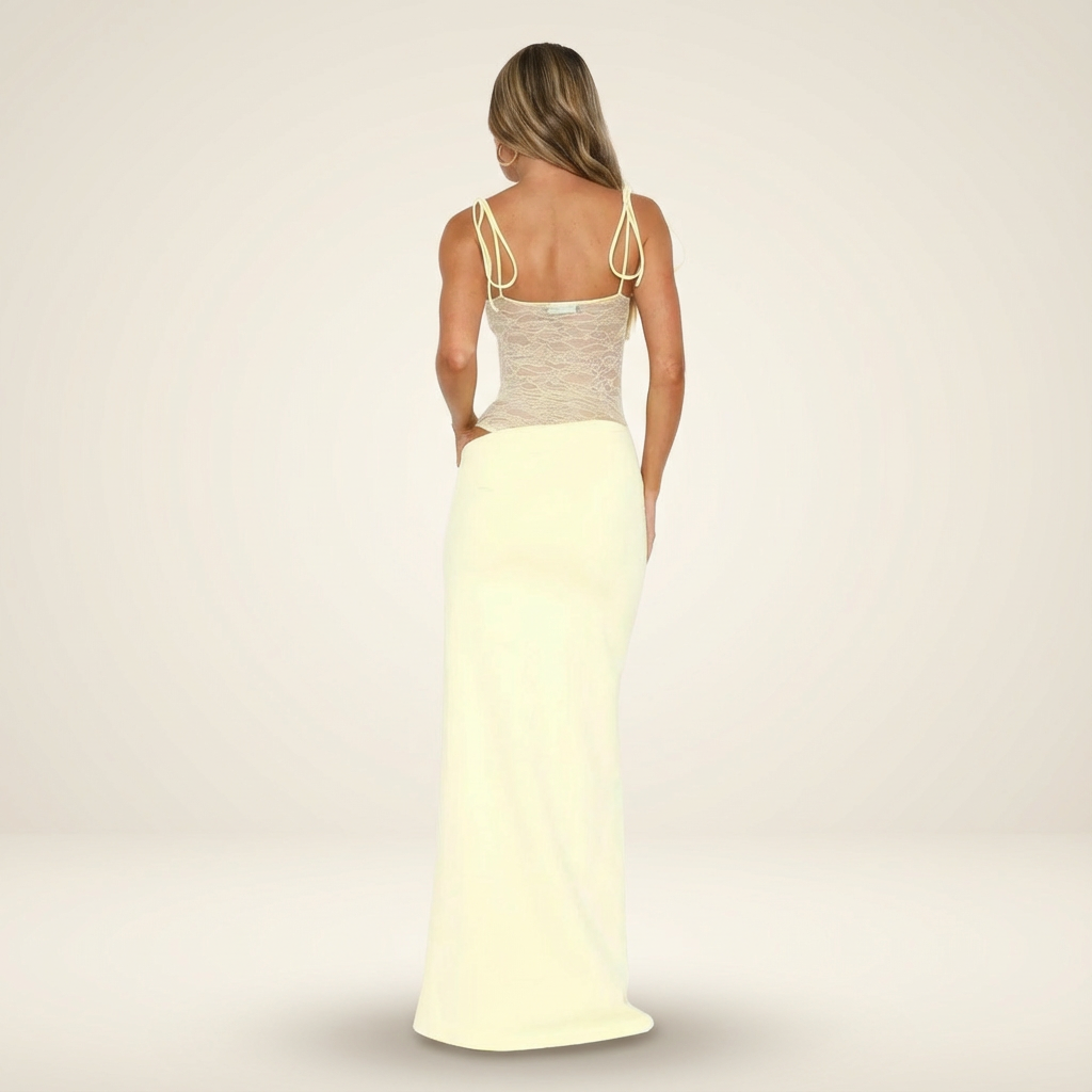 Women cream maxi dress with lace bodice back view