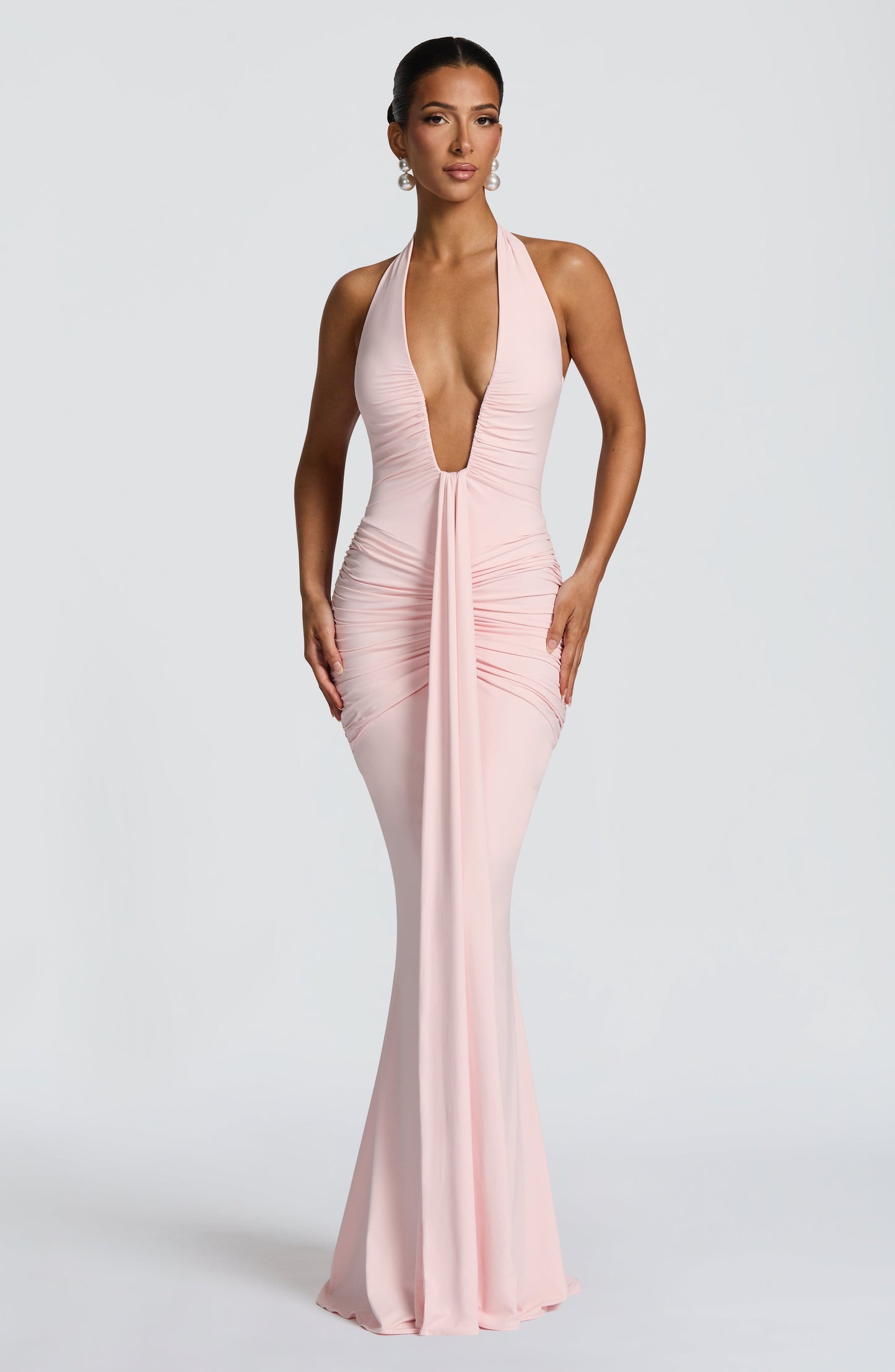 Women's Sleeveless Plunge Neck Ruched Maxi Dress in Blush