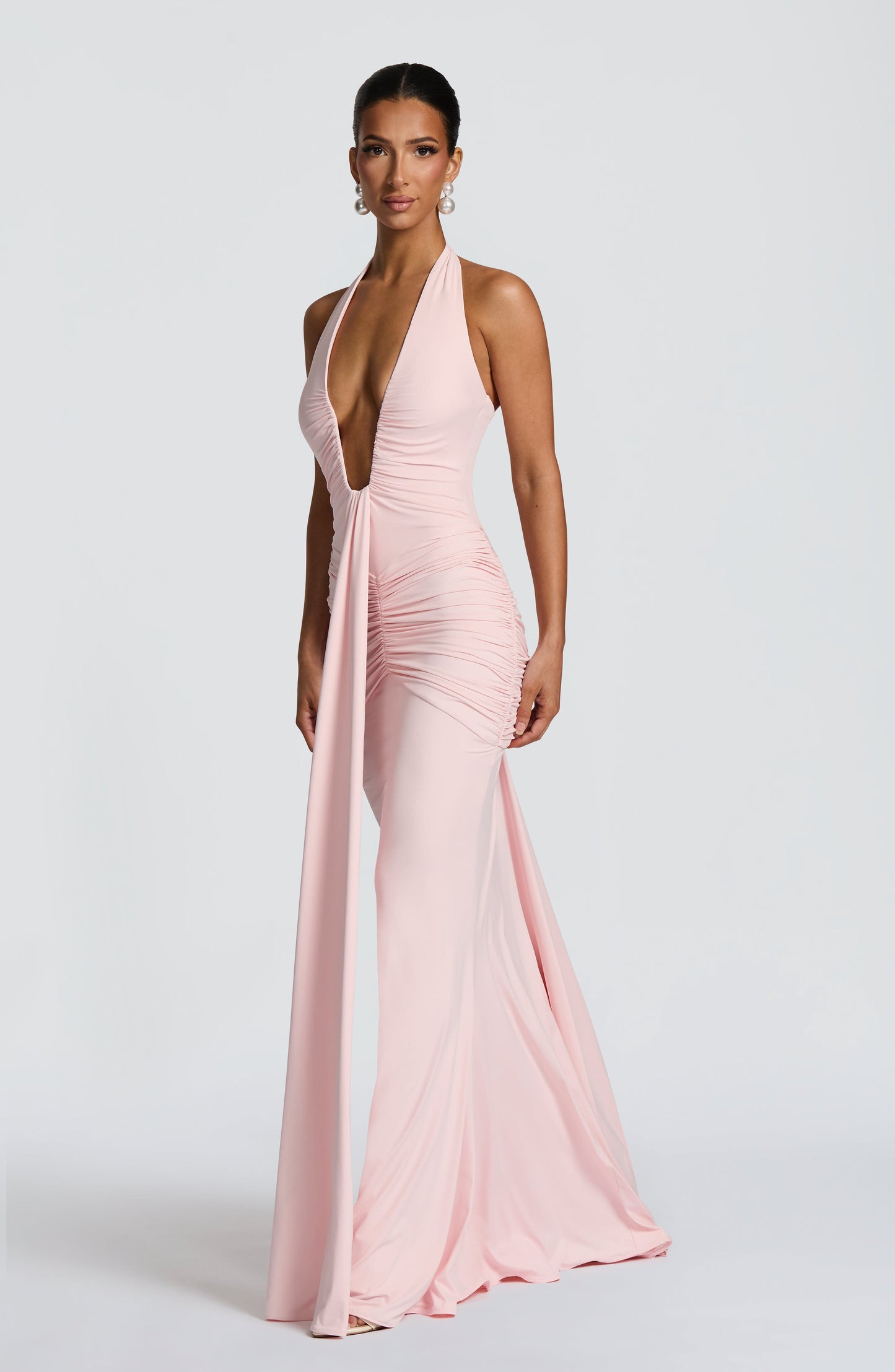 Women's Sleeveless Plunge Neck Ruched Maxi Dress in Blush