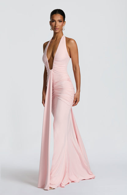 Women's Sleeveless Plunge Neck Ruched Maxi Dress in Blush
