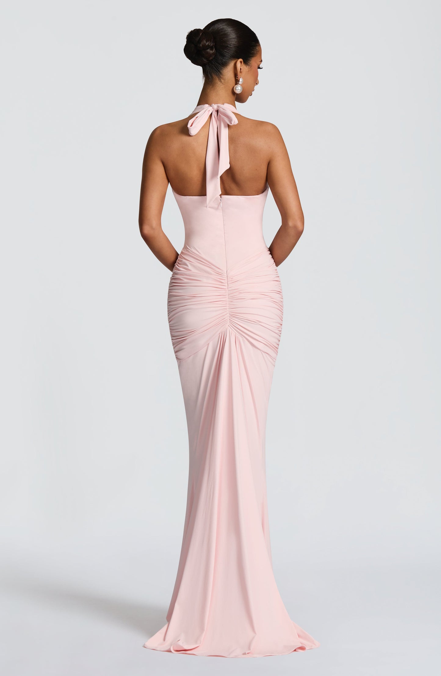 Women's Sleeveless Plunge Neck Ruched Maxi Dress in Blush