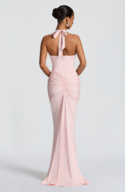 Women's Sleeveless Plunge Neck Ruched Maxi Dress in Blush