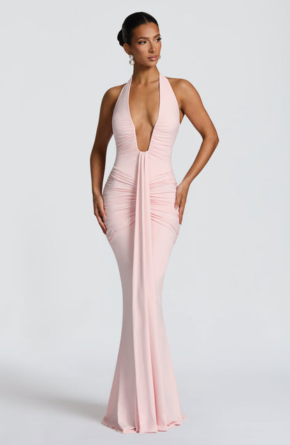 Women's Sleeveless Plunge Neck Ruched Maxi Dress in Blush