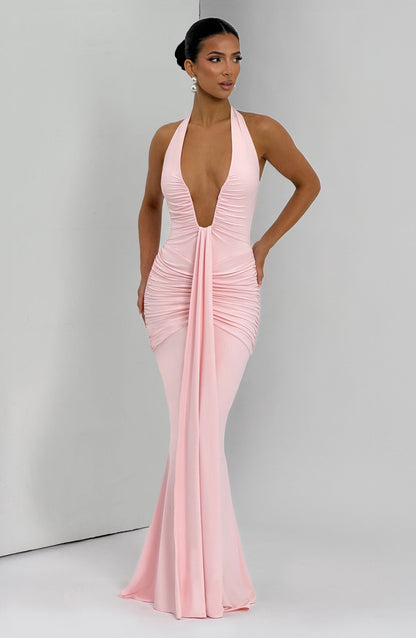 Women's Sleeveless Plunge Neck Ruched Maxi Dress in Blush