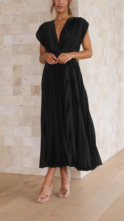 Black pleated sleeveless v-neck midi dress with high waisted silhouette