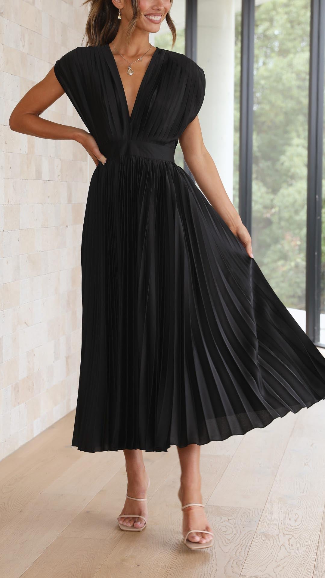 Black pleated high waisted midi dress sleeveless v-neck full length