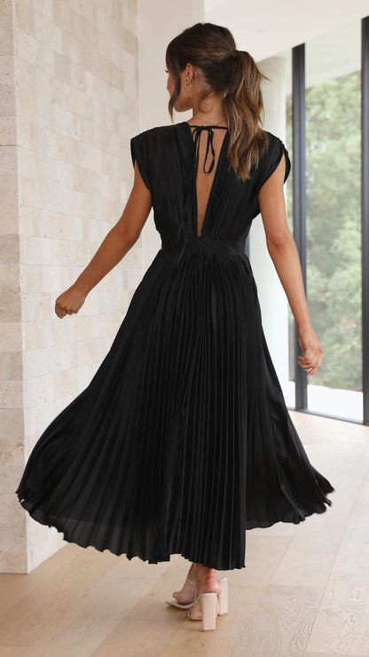 Sage green pleated sleeveless v-neck midi dress high waisted fit