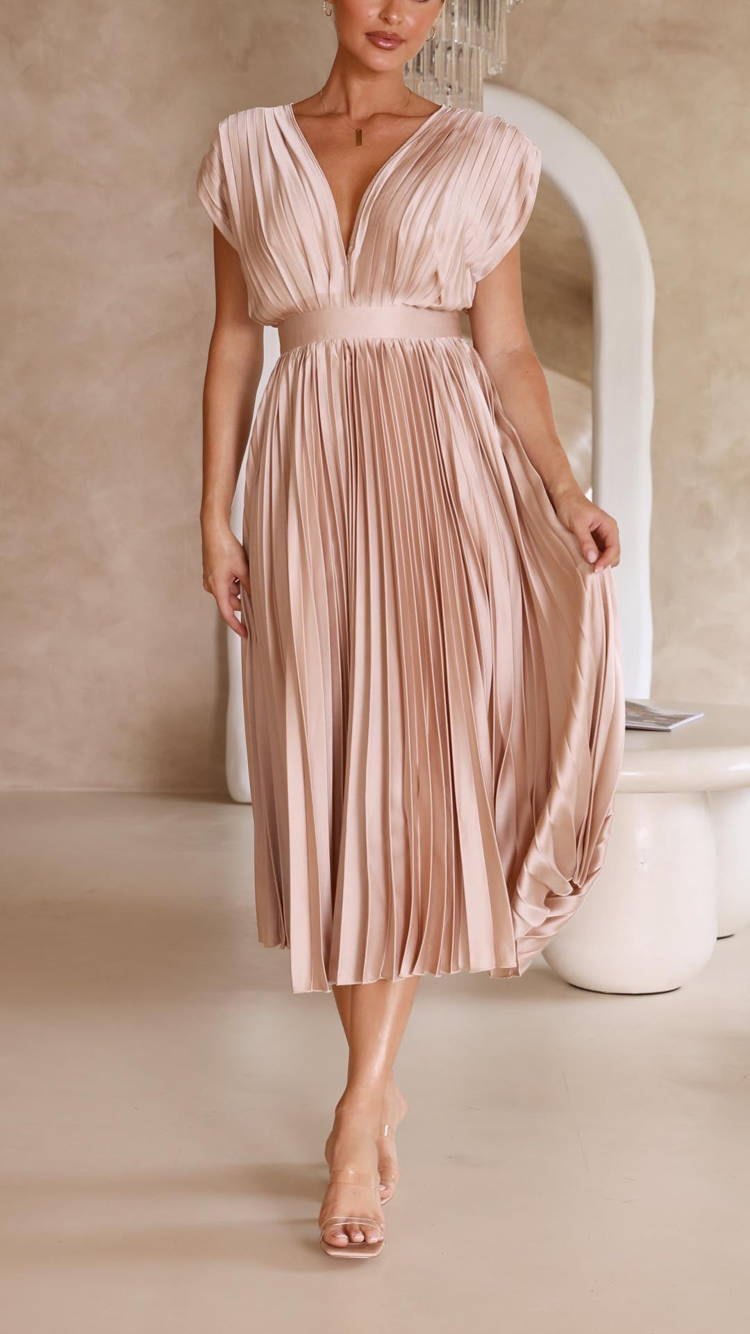 Blush pink pleated high waisted v-neck sleeveless midi dress with empire waist
