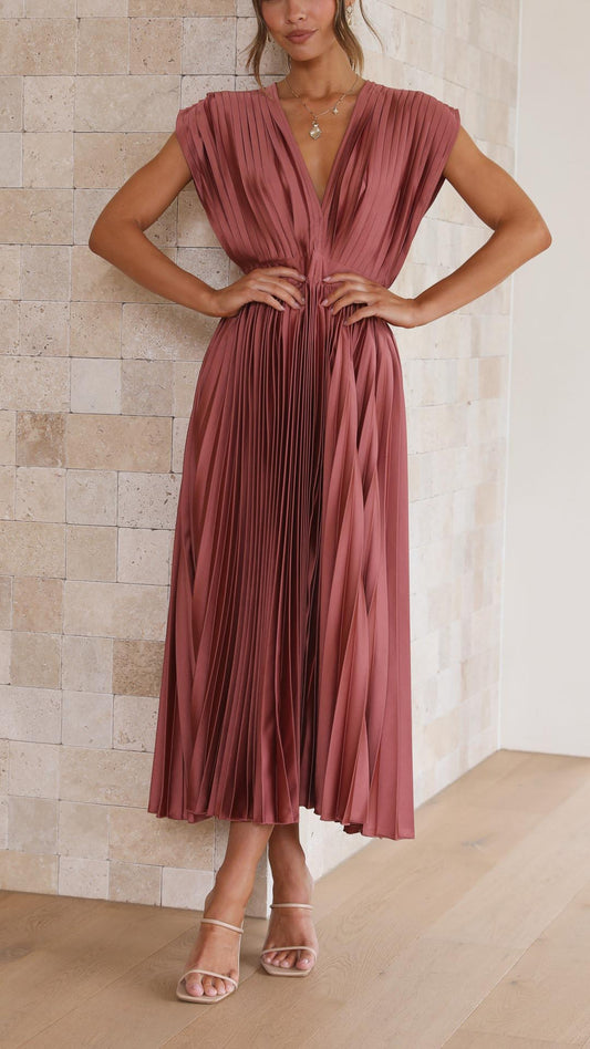 Mauve pleated high waisted v-neck sleeveless midi dress with cinched waist