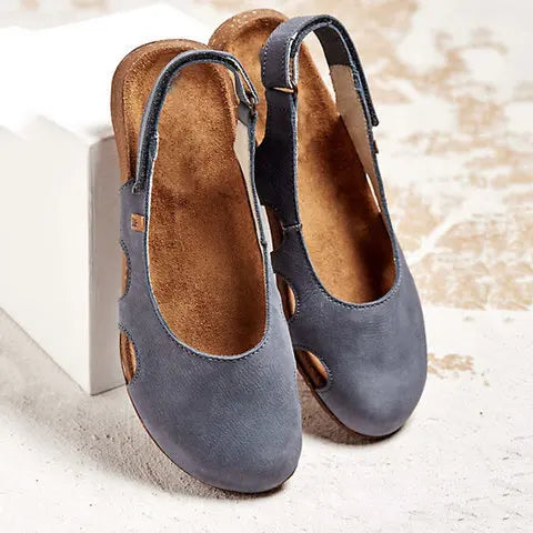 Navy suede adjustable sling back sandals with cork sole shown from back view