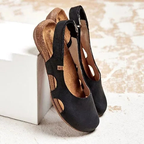 Black suede adjustable sling back sandals with cork wedge heel back view