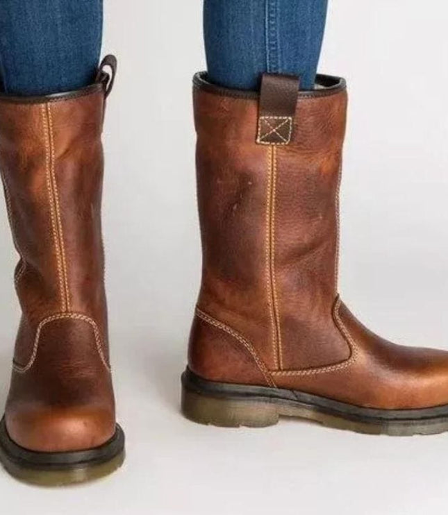 Women's Slip On Mid Calf Winter Boots, Shearling Lined