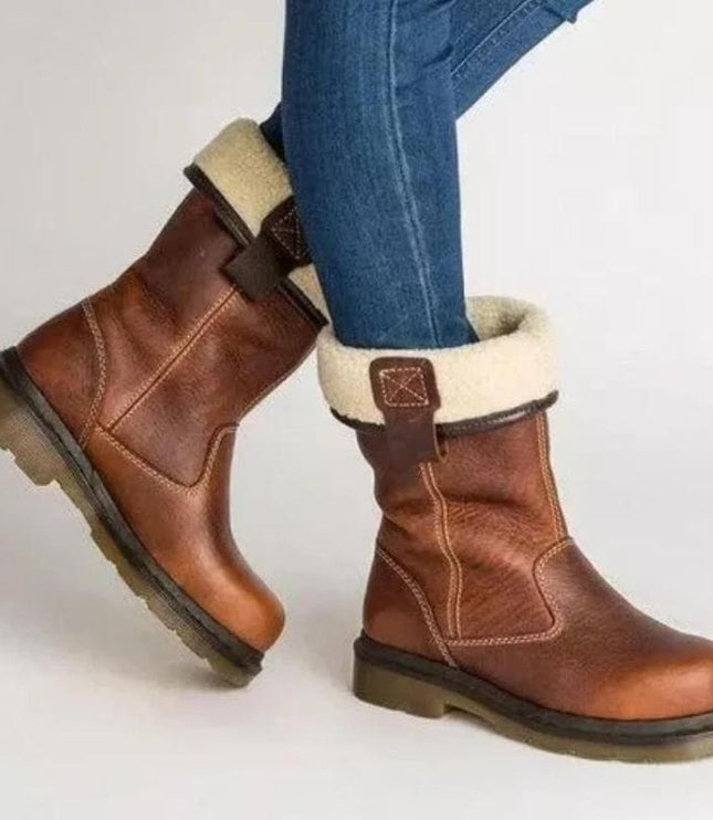 Women's Slip On Mid Calf Winter Boots, Shearling Lined