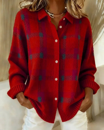 Women's Snap Button Oversized Plaid Knit Cardigan Sweater