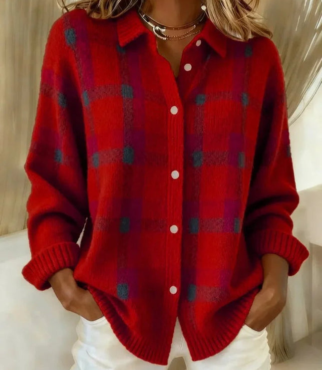 Women's Snap Button Oversized Plaid Knit Cardigan Sweater