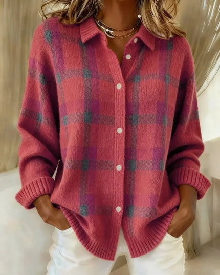 Women's Snap Button Oversized Plaid Knit Cardigan Sweater