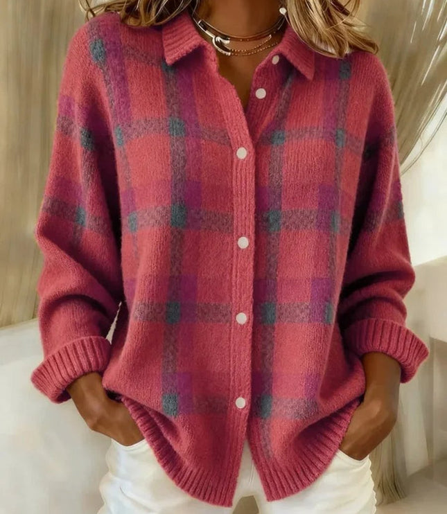 Women's Snap Button Oversized Plaid Knit Cardigan Sweater