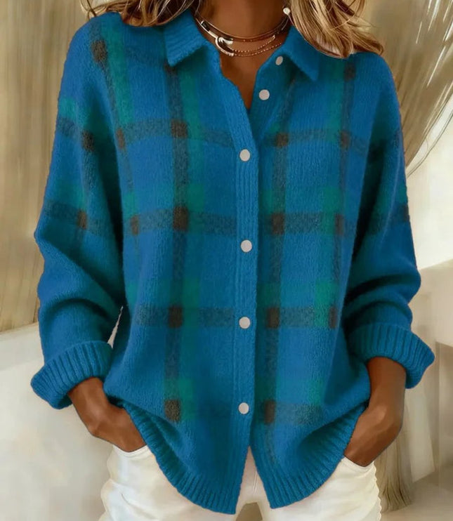 Women's Snap Button Oversized Plaid Knit Cardigan Sweater
