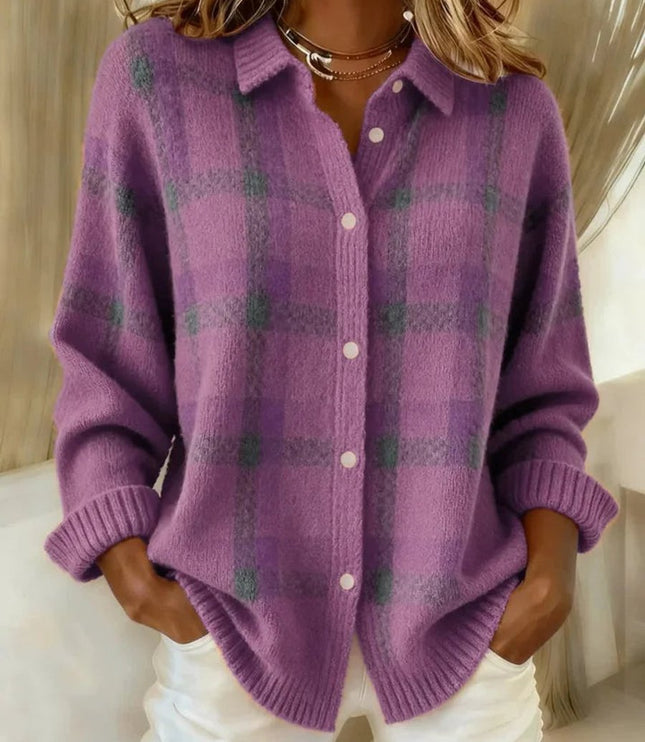 Women's Snap Button Oversized Plaid Knit Cardigan Sweater