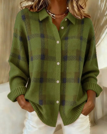 Women's Snap Button Oversized Plaid Knit Cardigan Sweater