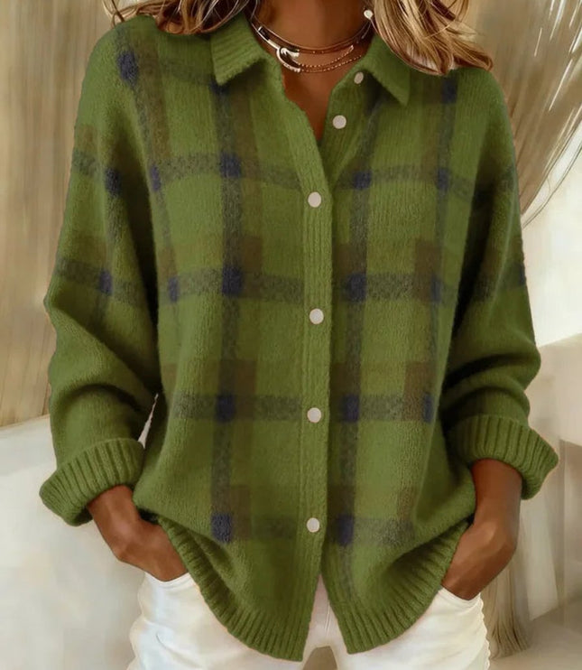 Women's Snap Button Oversized Plaid Knit Cardigan Sweater