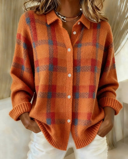 Women's Snap Button Oversized Plaid Knit Cardigan Sweater
