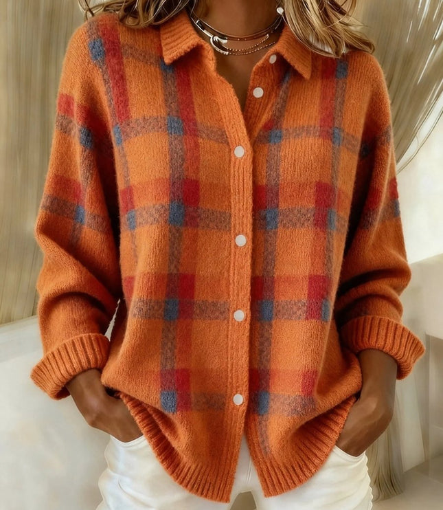 Women's Snap Button Oversized Plaid Knit Cardigan Sweater