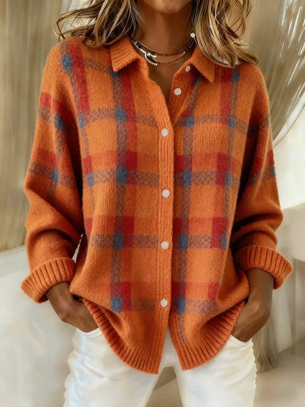 Women's Snap Button Oversized Plaid Knit Cardigan Sweater