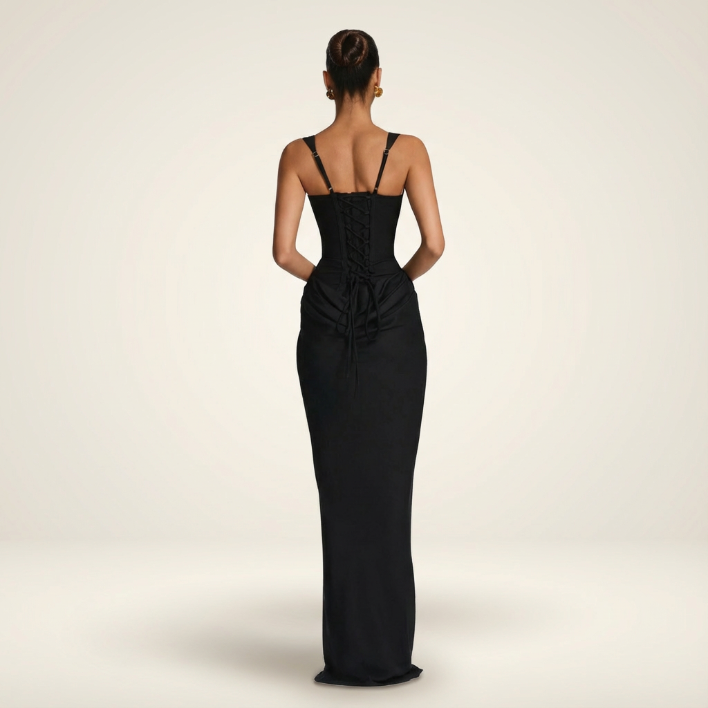 Back view of black maxi dress with lace-up corset back and thin straps