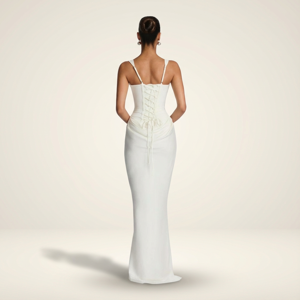 Back view of white maxi dress with lace-up corset back and thin straps