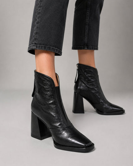 Women's Square Toe Ankle Boots, Faux Leather Block Heel