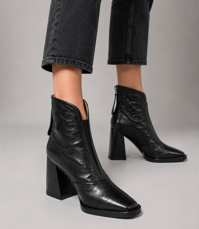 Women's Square Toe Ankle Boots, Faux Leather Block Heel
