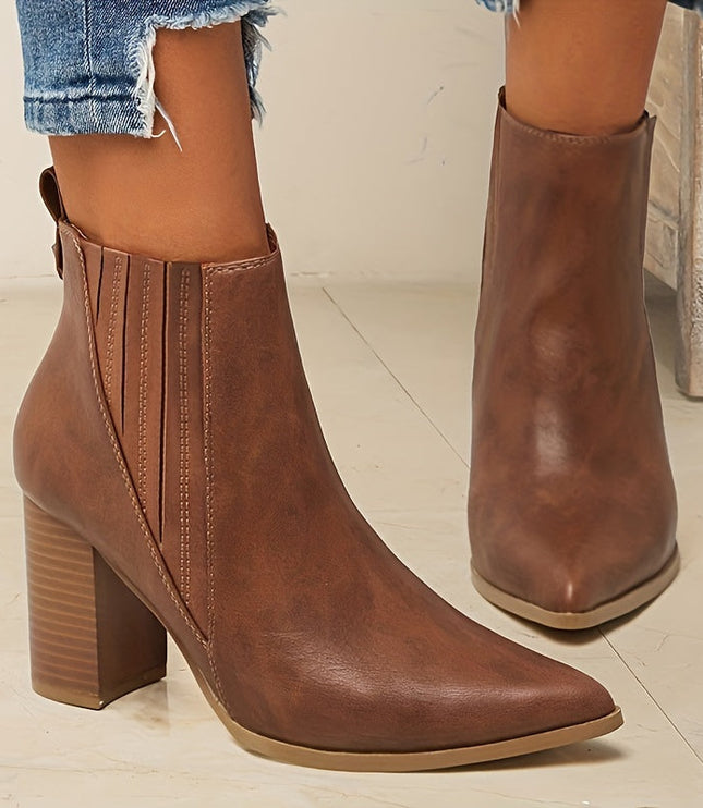 Women's Stretch Pull On Pointed Toe Square Heel Ankle Boots