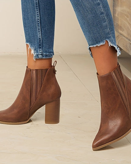 Women's Stretch Pull On Pointed Toe Square Heel Ankle Boots