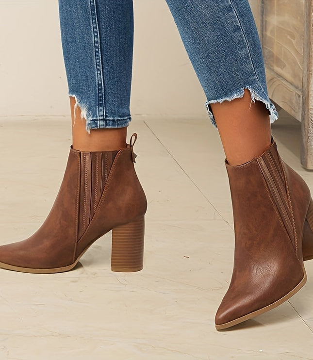 Women's Stretch Pull On Pointed Toe Square Heel Ankle Boots