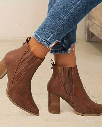 Women's Stretch Pull On Pointed Toe Square Heel Ankle Boots