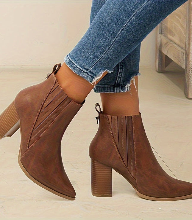 Women's Stretch Pull On Pointed Toe Square Heel Ankle Boots