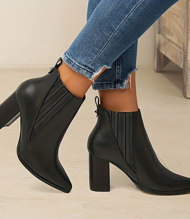 Women's Stretch Pull On Pointed Toe Square Heel Ankle Boots