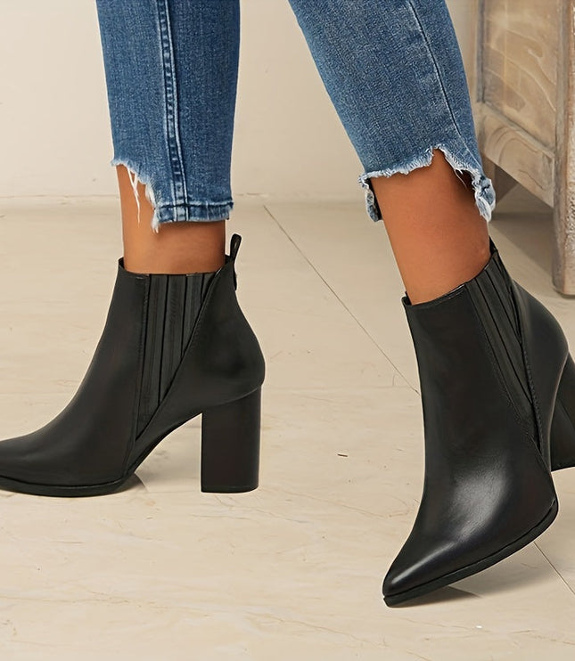Women's Stretch Pull On Pointed Toe Square Heel Ankle Boots