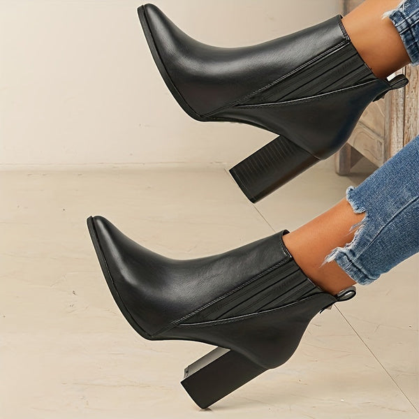 Women's Stretch Pull On Pointed Toe Square Heel Ankle Boots