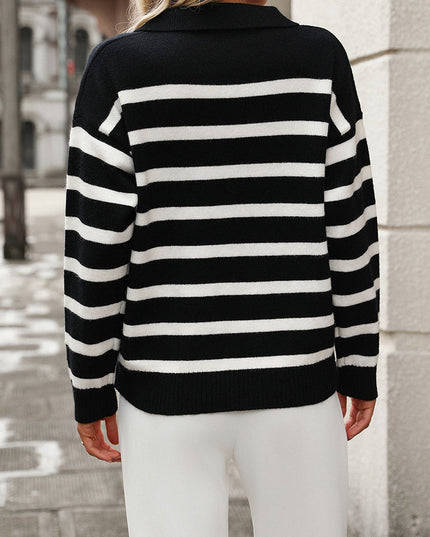 Women's Striped Polo Collar V Neck Relaxed Knit Sweater