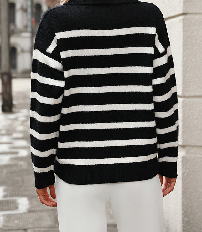 Women's Striped Polo Collar V Neck Relaxed Knit Sweater