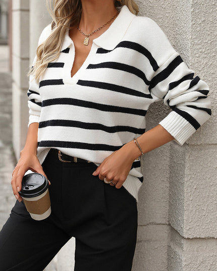Women's Striped Polo Collar V Neck Relaxed Knit Sweater