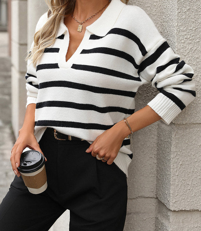 Women's Striped Polo Collar V Neck Relaxed Knit Sweater