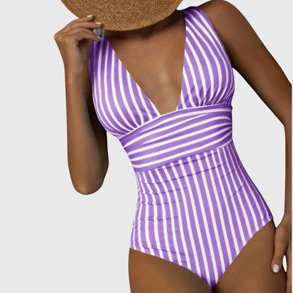Purple and white striped v-neck one-piece swimsuit with wrapped waist