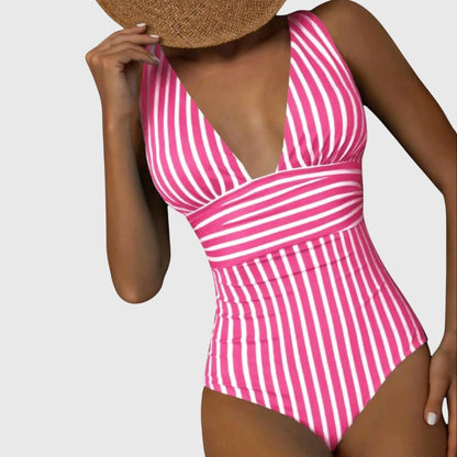 Pink and white striped v-neck one-piece swimsuit with ruched waist detail