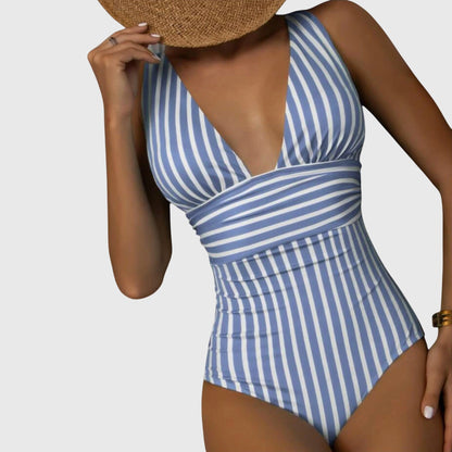 Blue and white striped v-neck one-piece swimsuit with wrapped waist design