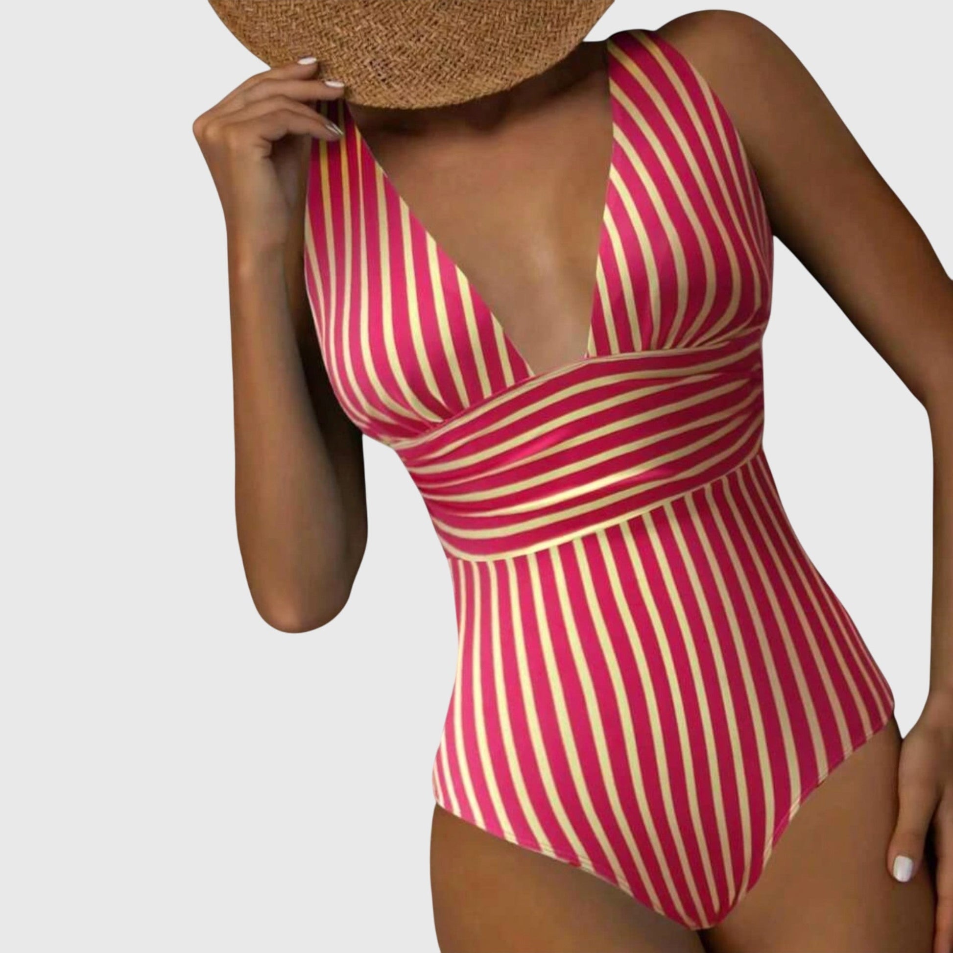 Magenta and yellow striped v-neck one-piece swimsuit with wrapped bodice