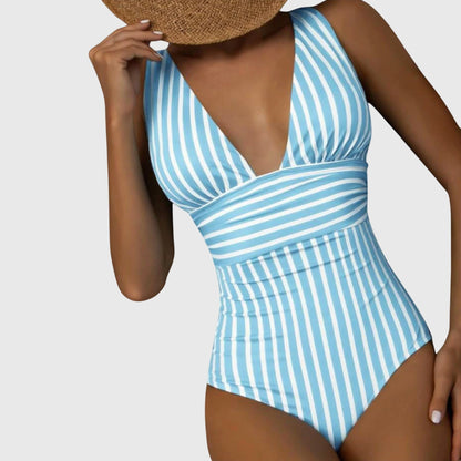Light blue and white striped v-neck one-piece swimsuit with ruched sides